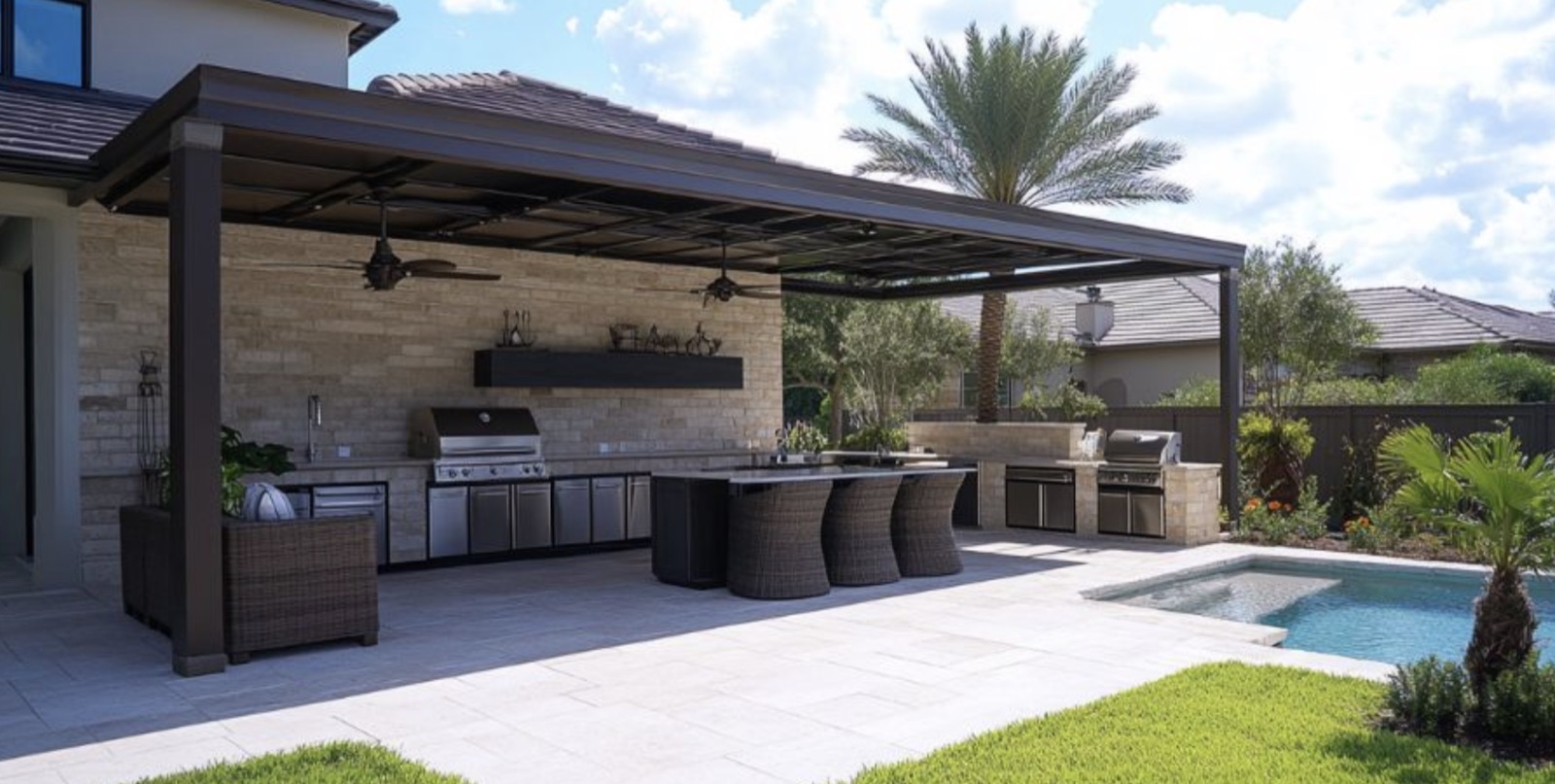 Covered outdoor kitchen with stone fireplace and exposed timber framing
